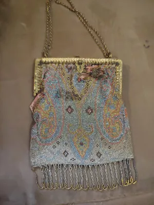 Micro Beaded Frame Fringed Bag Deco Vintage Antique Purse • $55