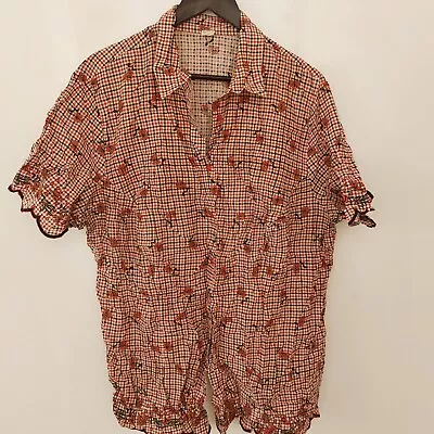 Vintage Womens Blouse Shirt Top Size 28 Red Floral Checked 100% Cotton Smart • $18.31