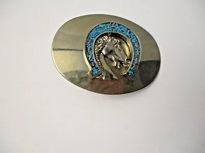 Vintage Inlaid Turquoise Chip With Mustang Horse In Belt Buckle • $10.99
