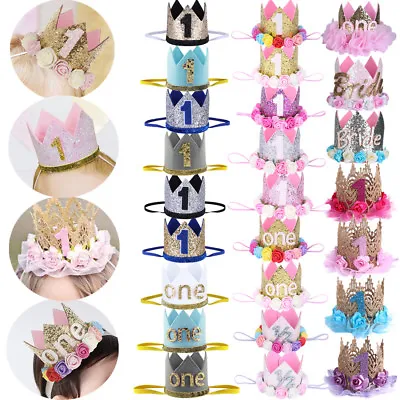 Baby Girl Boy 1st Birthday Party Hat Cake Smash Sequin Princess Crown Tiara Hair • £3.78