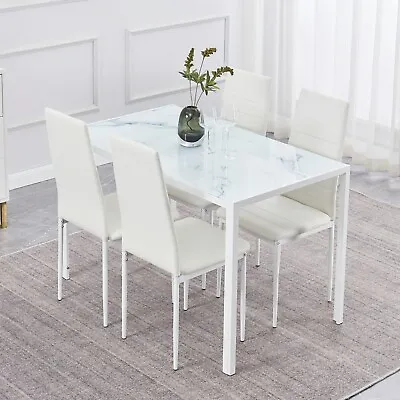 4x White Faux Leather Dining Chairs&White Marble Tempered Glass Dining Table Set • $218.49