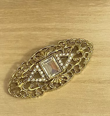 Vintage Rhinestone Filigree Brooch Pin Gold Tone • $15