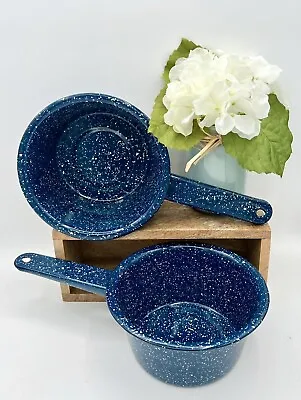 Pair Of Vintage Blue White Speckled Steel Enamel 6.5” Sauce Pans • $27.99