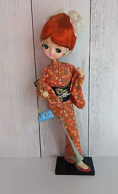 Vintage Asian Bradley Style Pose Doll Big Eyes Purse Red Hair Kimono Geisha • $29.99