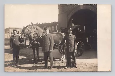 FIRE RPPC Fire Department Men Horse Drawn & Dog Antique Real Photo Postcard 25 • $7.99