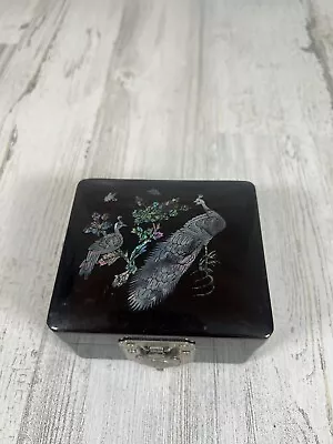 Vintage Japanese Lacquer Trinket Box Abalone Inlay Peacock Scene Turtle Clasp • $20.99