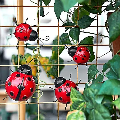 Ladybird Metal Garden Fence Ornaments 4pc Hanging Outdoor Wall Decorations • £11.95