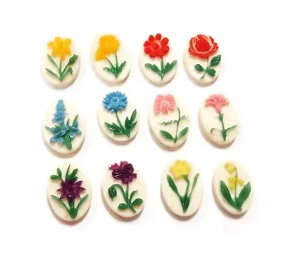 $5.24 • Buy 12 Vintage Hong Kong Assorted Color Flowers 14x10mm. Oval Cabochon Cameos 349