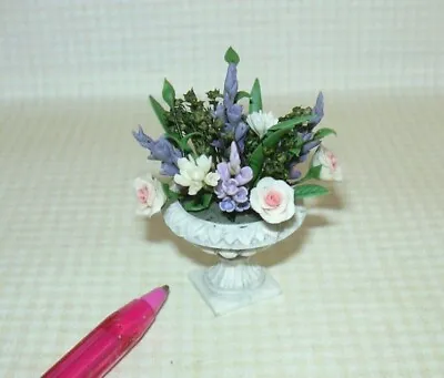 Miniature Pink And Purple Flower Arrangement In Gray Urn: DOLLHOUSE 1:12 Flowers • $20.98