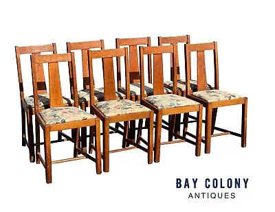 Set Of 8 Antique Arts & Crafts Oak Dining Chairs With Tapered Splats • $2875