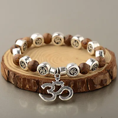 Chakra Natural Wood OM Pendant Buddha Yoga Mens Bracelet Mala Beads Jewelry • $6.59