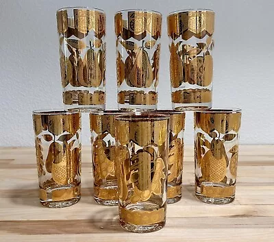 Vintage Culver Ltd. 22K Gold Florentine Fruit High Ball MCM Glasses Set Of 8 • $109.99