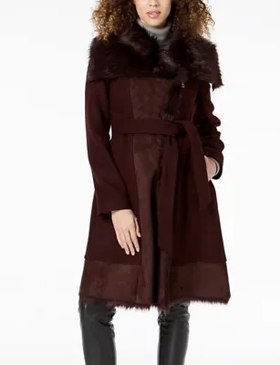 Vince Camuto Women's Dark Red Faux Fur Shearling Jacket Wool Blend Belted XL • $79.21
