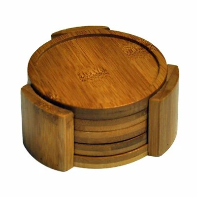 $9.95 • Buy HealthPro Organic Moso Bamboo Wood Heavy Duty Round Coaster Set With Holder