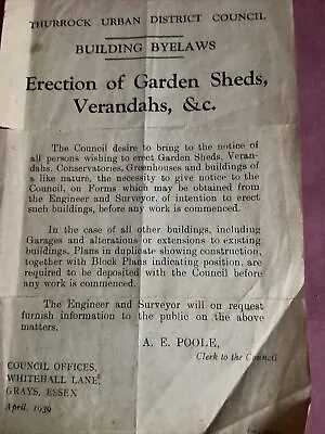 £4.99 • Buy 1939 World War II Erection Of Sheds Thurrock, Grays, Essex.  Bye Law
