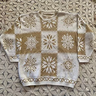 Vtg 90's Christmas Holiday Knit Sweater Gold & Cream Snowflakes • $24.99