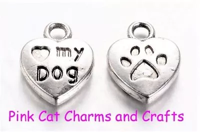 10 X Love My Dog Paw Print Charm Heart Jewellery Pendants Beads Tibetan Silver • £1.99