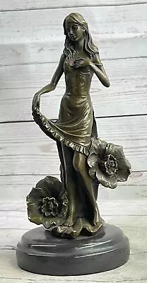 Handcrafted Bronze Figurine: Signed Moreau Lily Girl With Flowers Art Deco Deal • $119