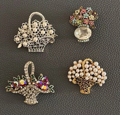Vintage Flower Basket Brooch Lot Of 4 Gold Silver Tone Rhinestones Faux Pearls • $44.95