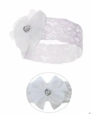 Baby Head Band With Bow & Gems Lace Headband White • £2.99