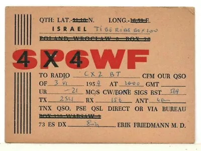 1959 Israel QSL: 4X4WF – Erik Friedmann MD – Tiberias – Former Poland QSL SP6WF • $9.95