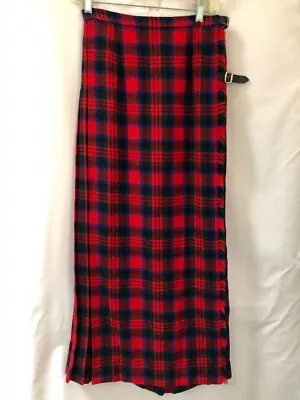 VTG 70s Scottish Red Wool Tartan Kilt Maxi Skirt Mint Sz SM Black Leather Strap • $68