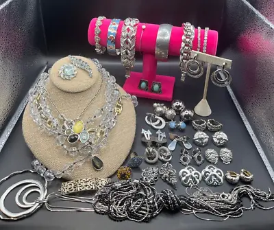 Vtg To Mod Silver Tone Jewelry Lot Necklace Clip Earrings Bold Staple 34 Piece • $39.98
