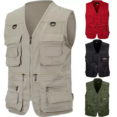 UK Mens Multi Pocket Vest Hiking Hunting Fishing Waistcoat Body Warmer Jacket • £9.88