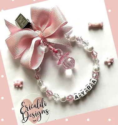 Personalised Pram Charm Clip Dummy Pink White New Baby Shower Gift Dolls Reborn • £7.95