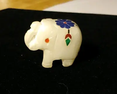 Hand Carved White Stone Elephant Figurine Inlaid With Gemstones • $14