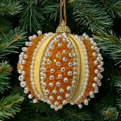 Victorian Push Pin Christmas Ornament Round Handmade Satin Gold Beads Vintage  • $20.23