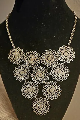 Vintage Silver Tone  Filigree Flower Necklace Adjustable 18   • $24.99