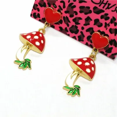 Betsey Johnson Mushroom Red Heart Gold Stud Drop Dangle Earrings Free Gift Bag • $23.99