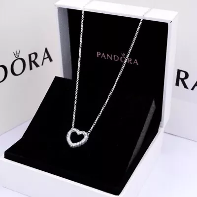 Authentic Pandora Silver Necklace Pave Snake Pattern Open Heart #399110c01 17.7  • $42.99