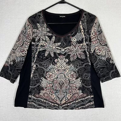 Vanilla Sugar Floral Top Womens 1X V-Neck 3/4 Sleeve Graphic Print Y2K Tattoo • $21.24