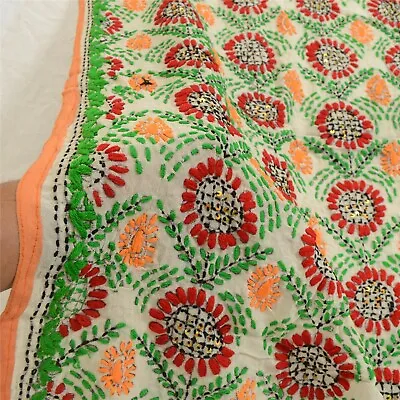 Sanskriti Vintage Ivory Dupatta Long Stole Ooak Hand Embroidered Phulkari Scarf • $64.99