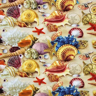 Sea Shells & Sand - Elizabeth's Studio 100% Cotton Fabric Beach Ocean • £8.55