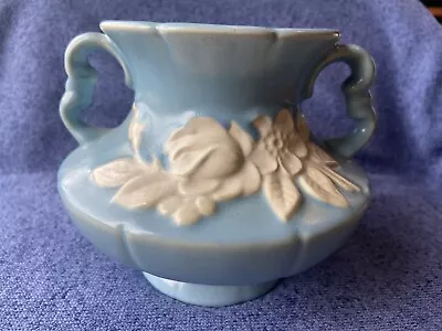 Vintage Weller Blue & White Floral Cameo Vase 2 Handled Squat 5  Tall 6  Wide • $19.49
