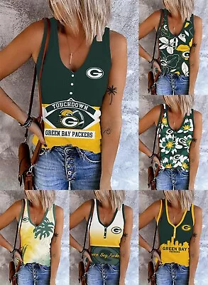 Green Bay Packers Women's Deep V-Neck Button Tank Tops Sleeveless Vest Blouse • $16.14