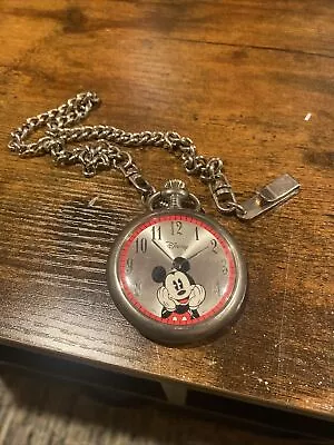 Disney Mickey Mouse Silver Toned Pocket Watch With Chain Tested Works Great • $15