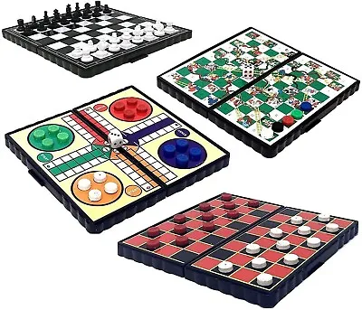 Travel Games 4pk Folding Compact Magnetic Chess Draughts Ludo Snakes Ladders • £5.91