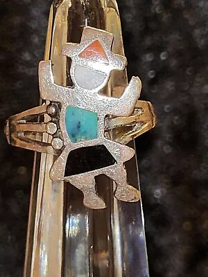 Vintage Zuni Kachina Inlaid Coral Turquoise Onyx Mother Of Pearl Ring Sz 7 • $10.50