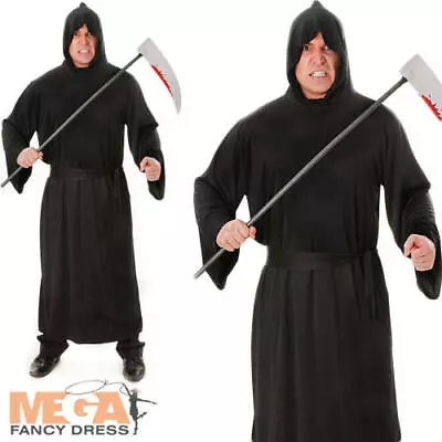 Black Horror Robe Mens Fancy Dress Grim Reaper Adults Halloween Costume Outfit • £12.49