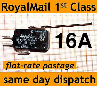 Microswitch Long Lever 16A  (SPDT Micro Switch) V-163-1C25 V3 SW032 • £2.70