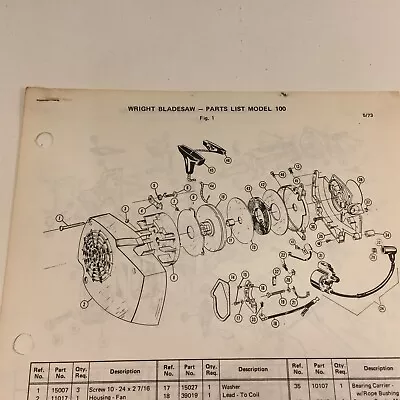$24.99 • Buy 1973 Wright Model 100 Blade Saw Parts List 