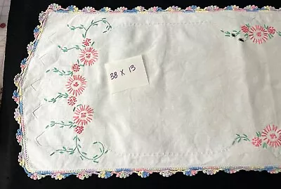 Vintage Floral Embroidered Dresser Scarf W/ Crocheted Trim 38x13 • $7