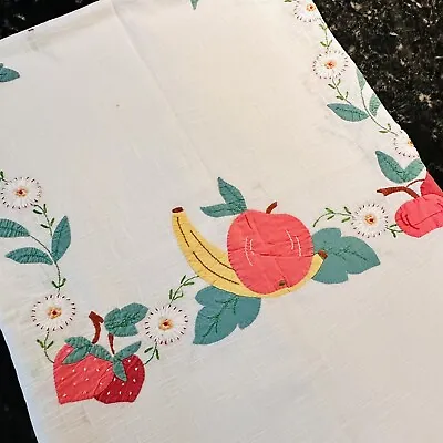 VINTAGE HANDMADE EMBROIDERED FLORAL DAISY TABLECLOTH APPLIQUE FRUIT 46x36 • $26.99