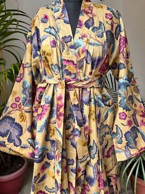 Indian Yellow Floral Printed Cotton Robe Long Kimono Sleepwear Night Suit Kimono • $26.11