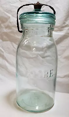 Vtg Globe Glass Light Blue/Turquoise Tint Mason Fruit Jar #5 Pat Lid 1886 Quart • $39.99