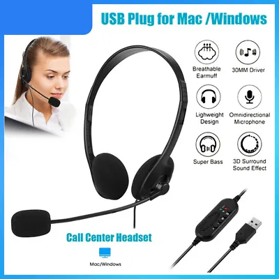 USB Computer Headset Wired Over Ear Headphones Mic For PC Phone Call Centre UK • £9.99